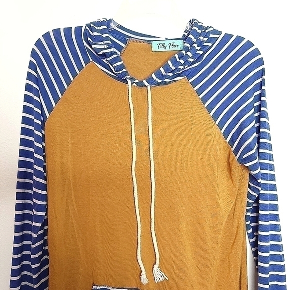 Filly Flair Women’s Small Brown and Blue White Striped Pullover Hoodie - Picture 2 of 11